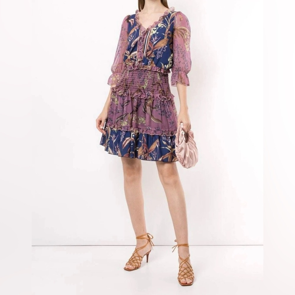NWT Marchesa Notte Women’s 10 Smocked Mini Floral Cocktail Dress w 3/4 Sleeves